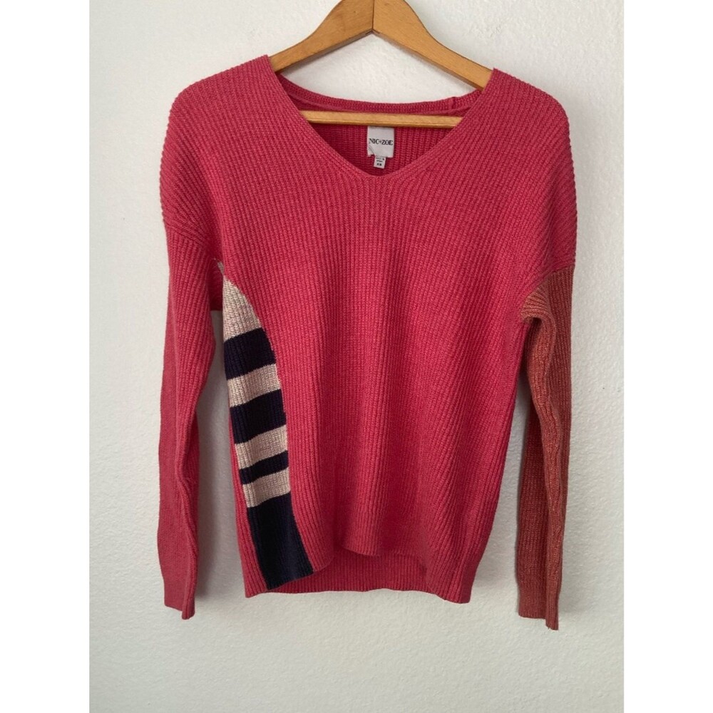 Nic & Zoe Pink Colorblock Chunky Ribbed Knit V-neck Long Sleeve Sweater XS